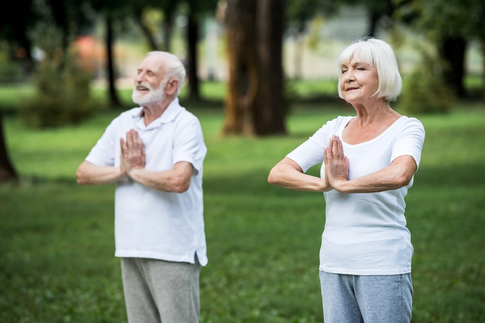 Senior couple doing yoga in the park